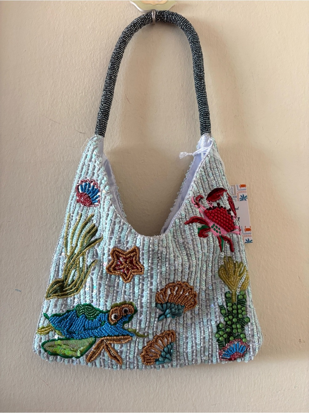 Small Sea Life Shoulder Bag w Turtle, Starfish, Crab, Seahorse and Coral Desi
